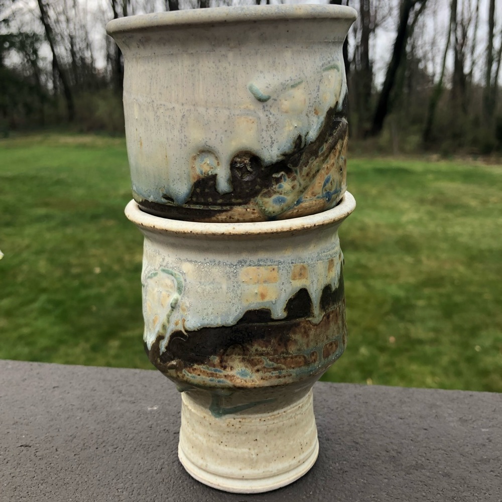 Artist Signed 2 Studio Pottery Goblets Cups - Creamy Tan Brown Blue Green Glaze - Picture 7 of 10